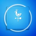 White Rooster weather vane icon isolated on blue background. Weathercock sign. Windvane rooster. Blue square button Royalty Free Stock Photo