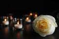 White rose and blurred burning candles on table in darkness, space for text. Funeral symbol Royalty Free Stock Photo