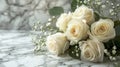 White Rose Bouquet on Marble - Funeral Floral Tribute or Cemetery Remembrance