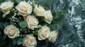 White Rose Bouquet on Marble - Funeral Floral Tribute or Cemetery Remembrance Concept