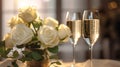 White rose bouquet and two glasses of champagne on the table , romantic dinner concept, Valentine s day background. Generative AI Royalty Free Stock Photo