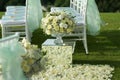 White rose flower bouquet decoration setup on wedding ceremony