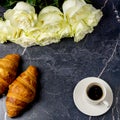 White rose flower, croissants, coffee cup on the background of a wooden table. A place to copy. Royalty Free Stock Photo