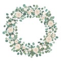 White Rose flowers and silver dollar Eucalyptus garland, round wreath. Greeting, wedding invite template. Round frame Royalty Free Stock Photo