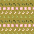 White, rose and pink stylized flowers and leaves on mustard green background seamless repeat.