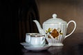 White rose print tea pot and cups Royalty Free Stock Photo