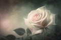 a white rose with water droplets on it\'s petals is shown in this artistic photograph of a single ros