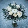 White Rose Winter Bouquet with Pine Cones and Snow Royalty Free Stock Photo