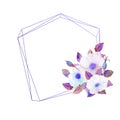 White rosehip flowers, a composition in a geometric blue frame. Floral poster, invitation in purple tones. Watercolor compositions
