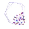 White rosehip flowers, a composition in a geometric blue frame. Floral poster, invitation in purple tones. Watercolor compositions