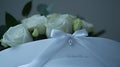 White roses bouquet, hatbox, studio, ribbon, gift Royalty Free Stock Photo