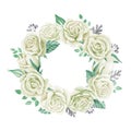 White roses bouquet. Watercolor illustration. Cute vintage style wreath, border, frame.