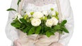 White roses in the bride`s basket. Royalty Free Stock Photo