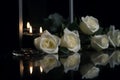 White roses burning candles dark. Generate Ai