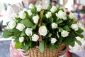 White roses close-up in the basket. A bouquet of beautiful white roses in a wicker basket. Delicate white roses close-up. Royalty Free Stock Photo