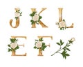 White Roses gold letters. Hand draw. Vector alphabet Royalty Free Stock Photo