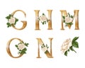 White Roses gold letters. Hand draw. Vector alphabet Royalty Free Stock Photo