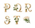 White Roses gold letters. Hand draw. Vector alphabet Royalty Free Stock Photo