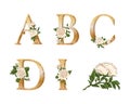 White Roses gold letters. Hand draw. Vector alphabet Royalty Free Stock Photo