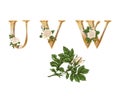 White Roses gold letters. Hand draw. Vector alphabet Royalty Free Stock Photo