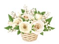 White roses, lisianthuses and lily of the valley in basket. Vector illustration.