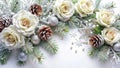 White roses, pine cones, and evergreen branches with snow and silver ornaments on a white background Royalty Free Stock Photo