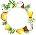 White round background with pineapple and coconut.