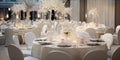 The white round banquet tables in the restaurant. Stylish event decor Royalty Free Stock Photo