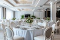 The white round banquet tables in the restaurant. Stylish event decor Royalty Free Stock Photo