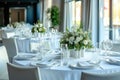 The white round banquet tables in the restaurant. Stylish event decor Royalty Free Stock Photo