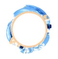 White round border isolated. Grunge abstract background, blue and golden splash. Paintbrush circle frame