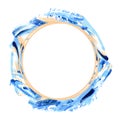 White round border isolated. Grunge abstract background, blue and golden splash. Paintbrush circle frame