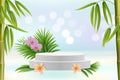 Display podium, exotic flowers, bamboo, palm tree leaves, vector illustration. Floral background for product advertising