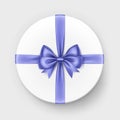 White Round Gift Box with Violet Satin Bow and Ribbon