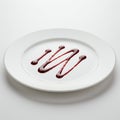 A white, round plate is presented with an artistic drizzle of dark red sauce arranged in Royalty Free Stock Photo