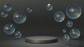 White round podium with air bubbles on grey water surface. Mock up empty geometric stage, platform with soap spheres or water