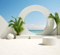 White round podium circular on the beach with palm trees and beach background. Royalty Free Stock Photo