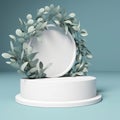 White round podium with green leaves on blue background. 3d render Royalty Free Stock Photo