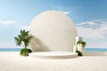 White round podium on the sandy beach with palm trees. Royalty Free Stock Photo