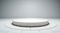 A white round podium with vacant space over a white mosaic tile background creates a minimalist scene