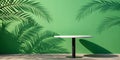 White Round Table Against Green Wall with Palm Shadows, tropical, interior Royalty Free Stock Photo