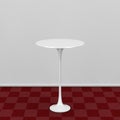 White Round Table on Red Carpet Floor against White Wall. 3d Rendering