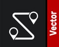White Route location icon isolated on black background. Map pointer sign. Concept of path or road. GPS navigator. Vector