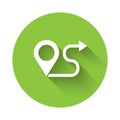White Route location icon isolated with long shadow. Map pointer sign. Concept of path or road. GPS navigator. Green