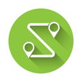 White Route location icon isolated with long shadow. Map pointer sign. Concept of path or road. GPS navigator. Green