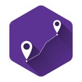 White Route location icon isolated with long shadow. Map pointer sign. Concept of path or road. GPS navigator. Purple