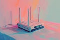 A white router is placed on top of a table, ready to provide wireless internet connectivity, Artistic representation of a router