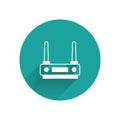 White Router and wi-fi signal icon isolated with long shadow background. Wireless ethernet modem router. Computer