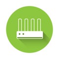 White Router and wi-fi signal icon isolated with long shadow. Wireless ethernet modem router. Computer technology