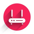 White Router and wi-fi signal icon isolated with long shadow. Wireless ethernet modem router. Computer technology